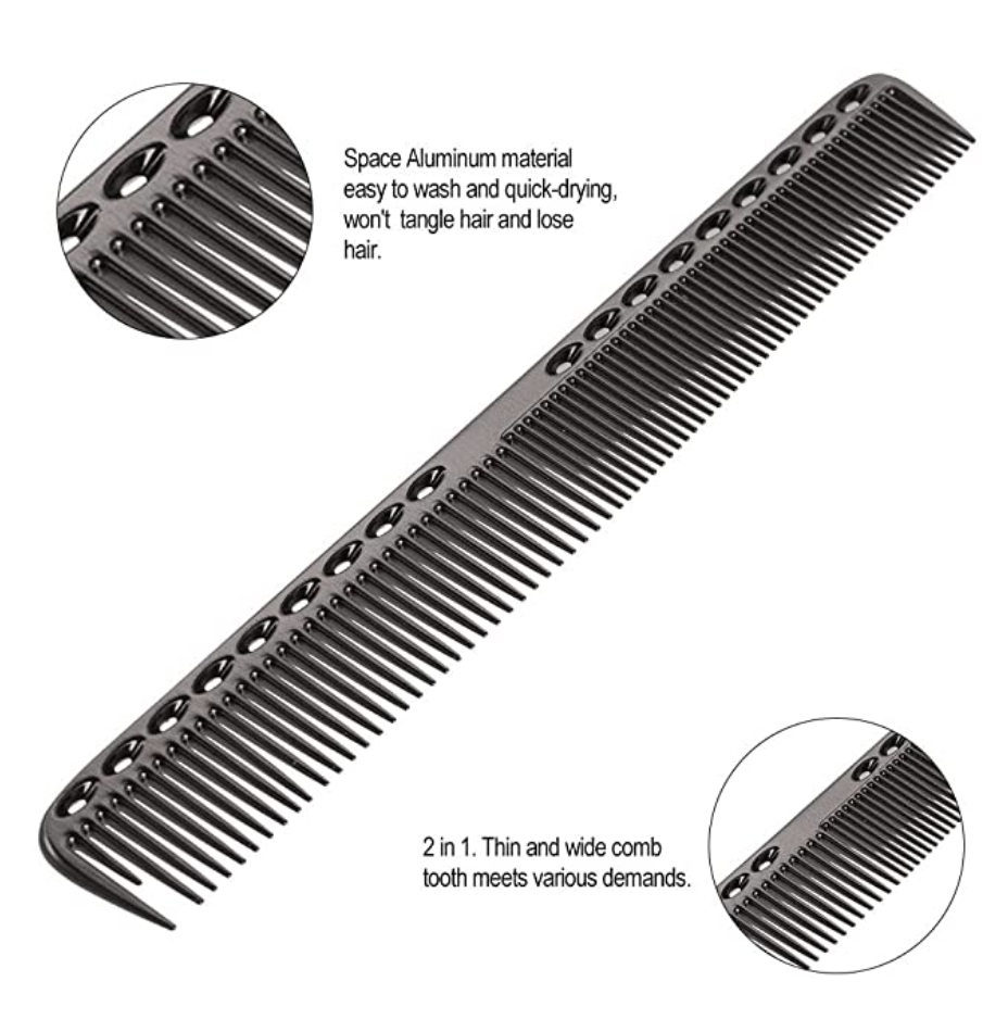 black, metal comb, aluminum, thin and wide teeth