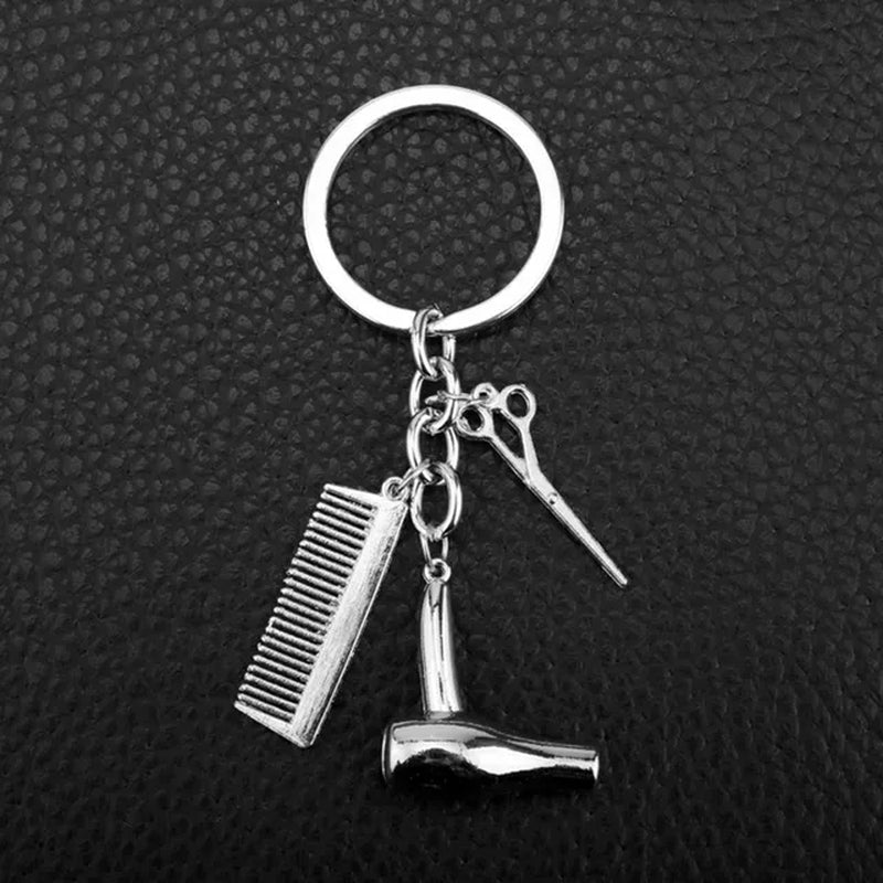 New Barber Shop Barber Pole Hairdressing Tool Keychains Scissors Hair Dryer Comb Shaver Keyring Key Chains Hairdresser Jewelry